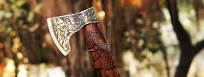 Handmade High Carbon Steel Viking Axe – Carved Handle with Leather Sheath