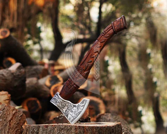 Handmade High Carbon Steel Viking Axe – Carved Handle with Leather Sheath