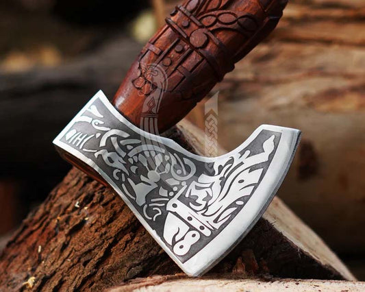 Handmade High Carbon Steel Viking Axe – Carved Handle with Leather Sheath