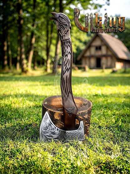 Huginn Muninn Viking Axe | Raven Carved Handle | Forged Steel