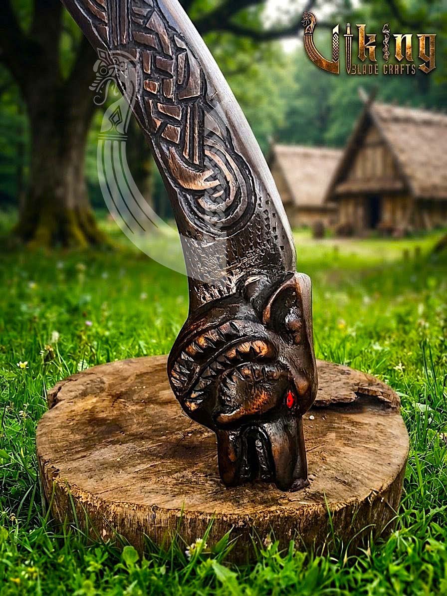 Viking Battle Axe | Hand Carved Wolf Handle | Forged Steel
