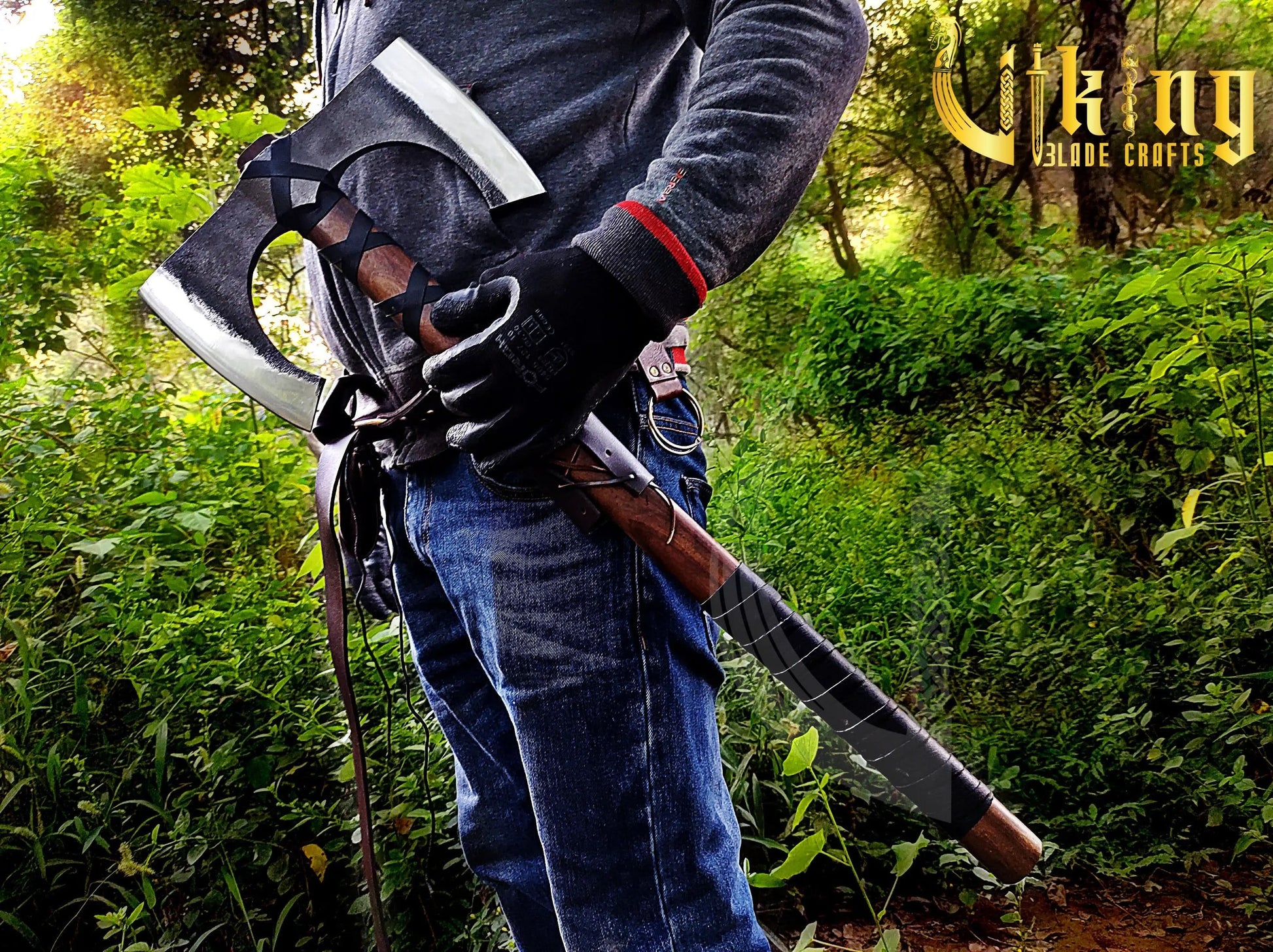 Forged 30" Double Edge Viking Axe with Valknut & Viking Runes Shield Viking_Blade_Crafts