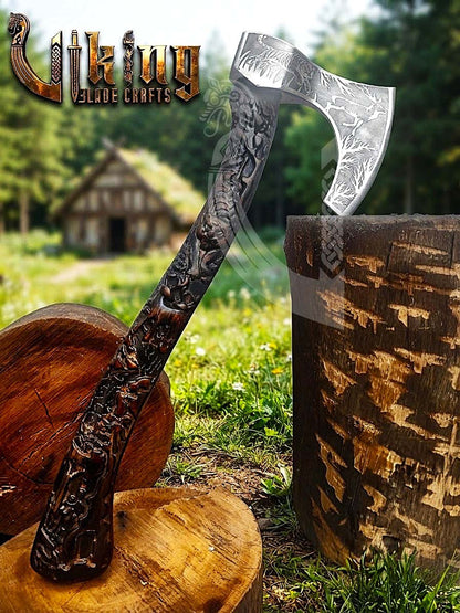 Wildlife Viking Axe | Hand Carved Handle | Forged Steel