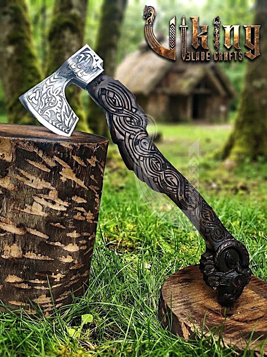 Hand Carved Viking Goat Axe | Geit Handle | Forged Steel