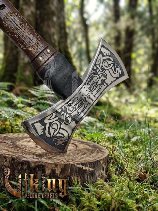 The Helm of Awe 30" Forged Viking Axe & Carved Wooden – Norse Warrior Axe