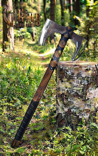 30" Double Bit Viking Battle Axe - Hand Forged Carbon Steel & Leather