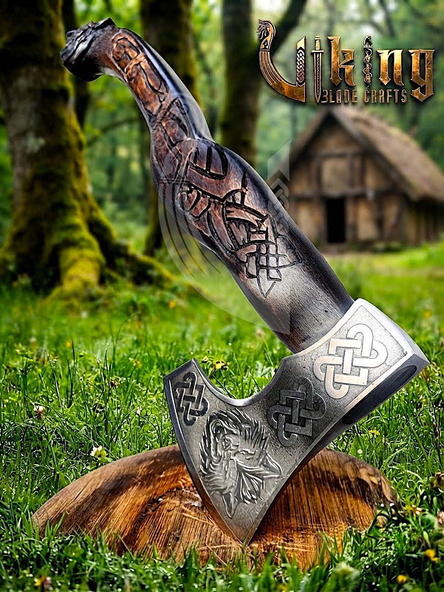 Hand Carved Viking Axe | Wolf Head Handle | Forged Steel