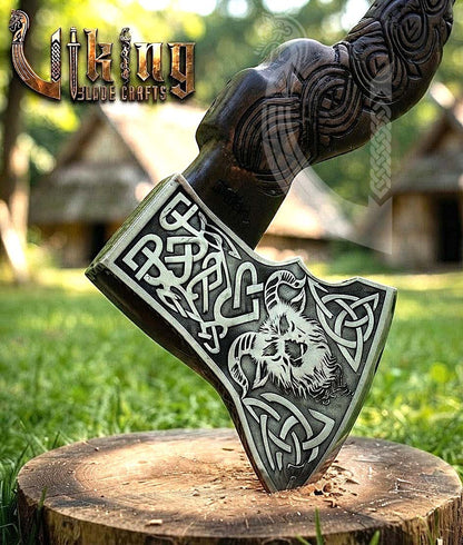 Viking Goat Axe | Hand Carved Geit Handle | Forged Steel