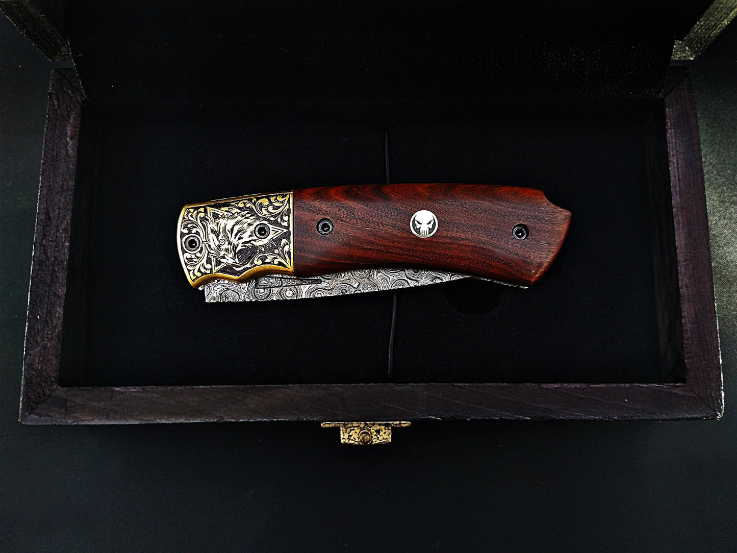 Damascus Steel Folding Pocket Knife – Viking Eagle Engraved Rosewood Handle - Viking Blade Crafts