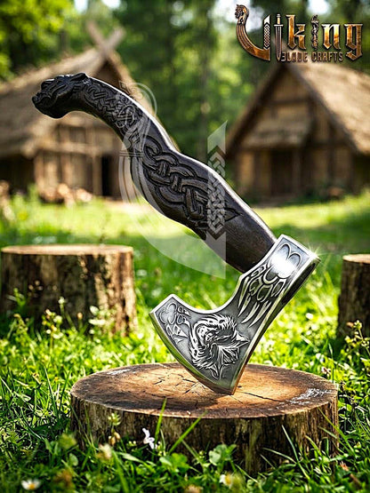 Viking Battle Axe | Hand Carved Wolf Handle | Forged Steel