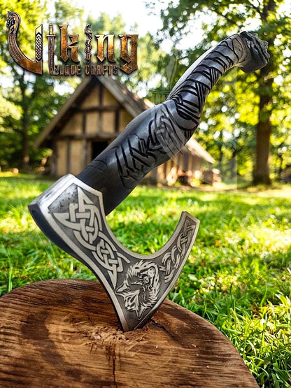 Fenrir Viking Axe | Hand Carved Wolf Handle | Forged Steel