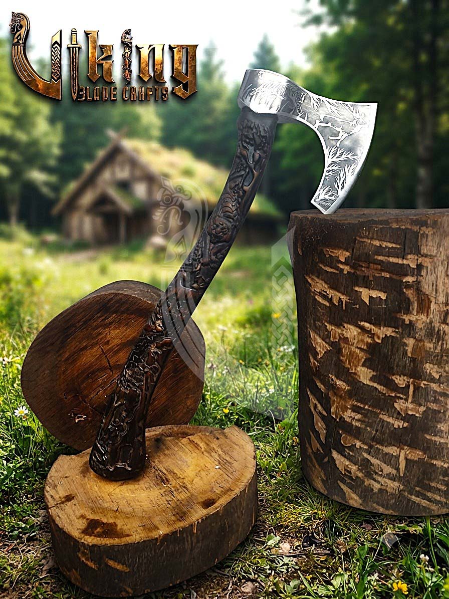 Wildlife Viking Axe | Hand Carved Handle | Forged Steel