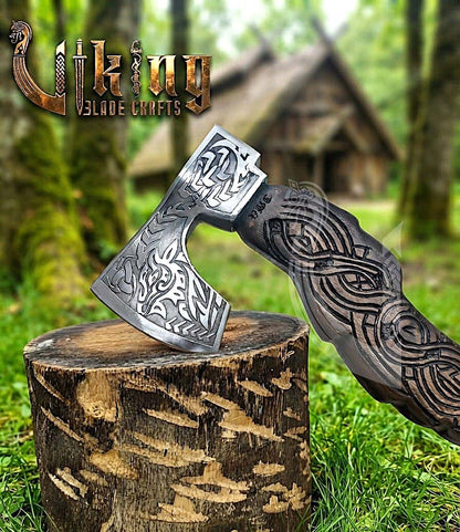 Hand Carved Viking Goat Axe | Geit Handle | Forged Steel