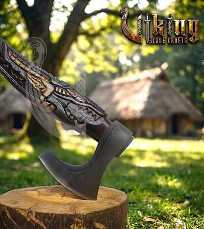 Alligator Viking Axe | Hand Carved Handle | Forged Steel