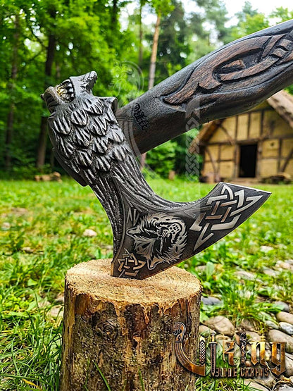 Fenrir Norse Axe | Hand Carved Wolf Handle | Forged Steel