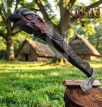 Raven Viking Axe | Hand Carved Handle | Forged Steel Hrafn