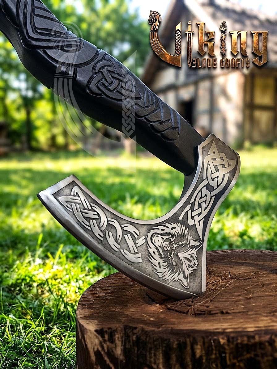 Fenrir Viking Axe | Hand Carved Wolf Handle | Forged Steel