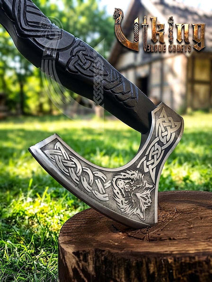 Fenrir Viking Axe | Hand Carved Wolf Handle | Forged Steel
