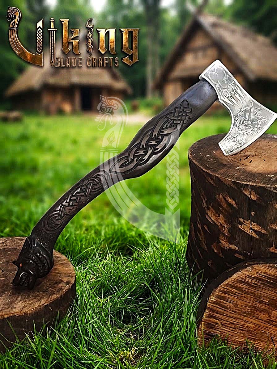 Viking Battle Axe | Hand Carved Wolf Handle | Forged Steel