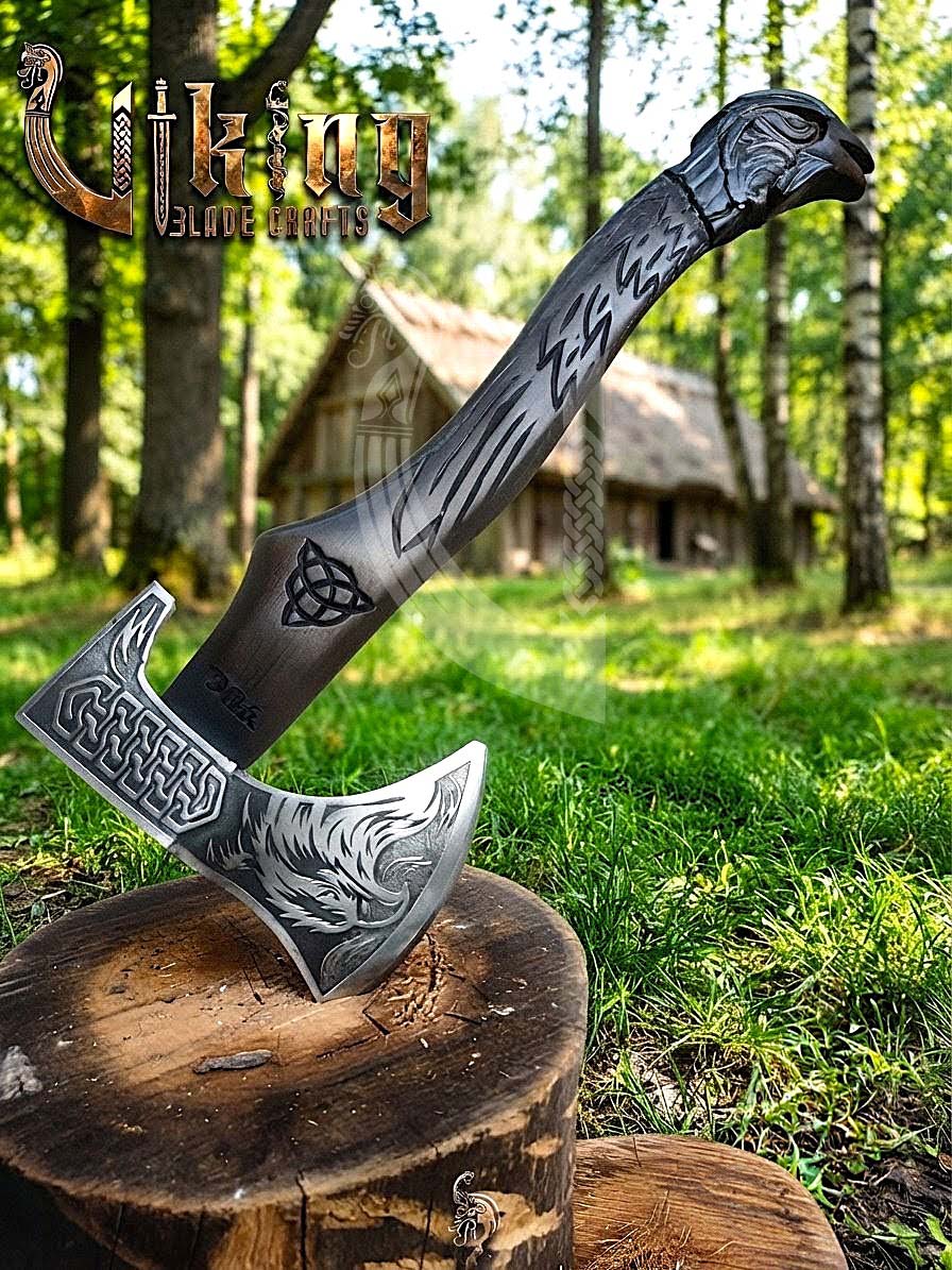 Huginn Muninn Viking Axe | Raven Carved Handle | Forged Steel