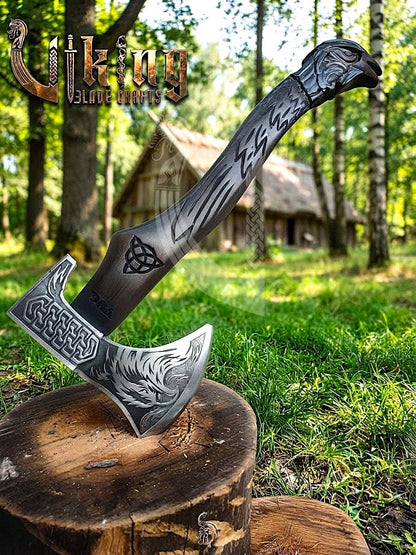 Huginn Muninn Viking Axe | Raven Carved Handle | Forged Steel