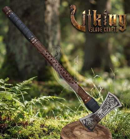 The Helm of Awe 30" Forged Viking Axe & Carved Wooden – Norse Warrior Axe