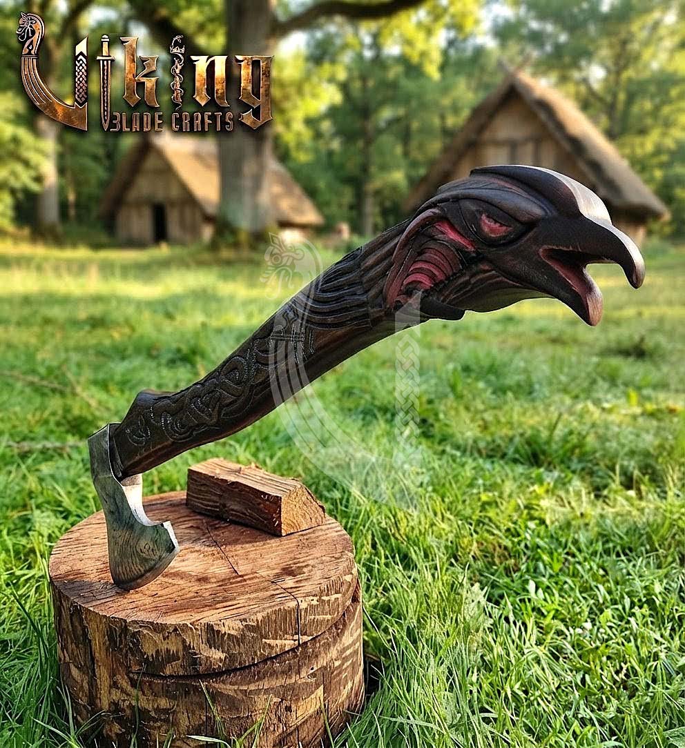 Raven Viking Axe | Hand Carved Handle | Forged Steel Hrafn