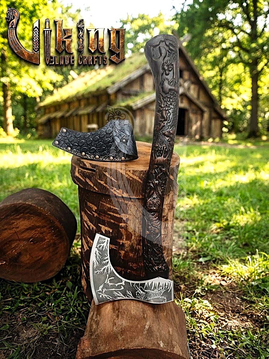 Wildlife Viking Axe | Hand Carved Handle | Forged Steel