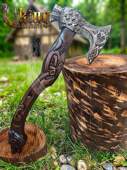 Fenrir Norse Axe | Hand Carved Wolf Handle | Forged Steel