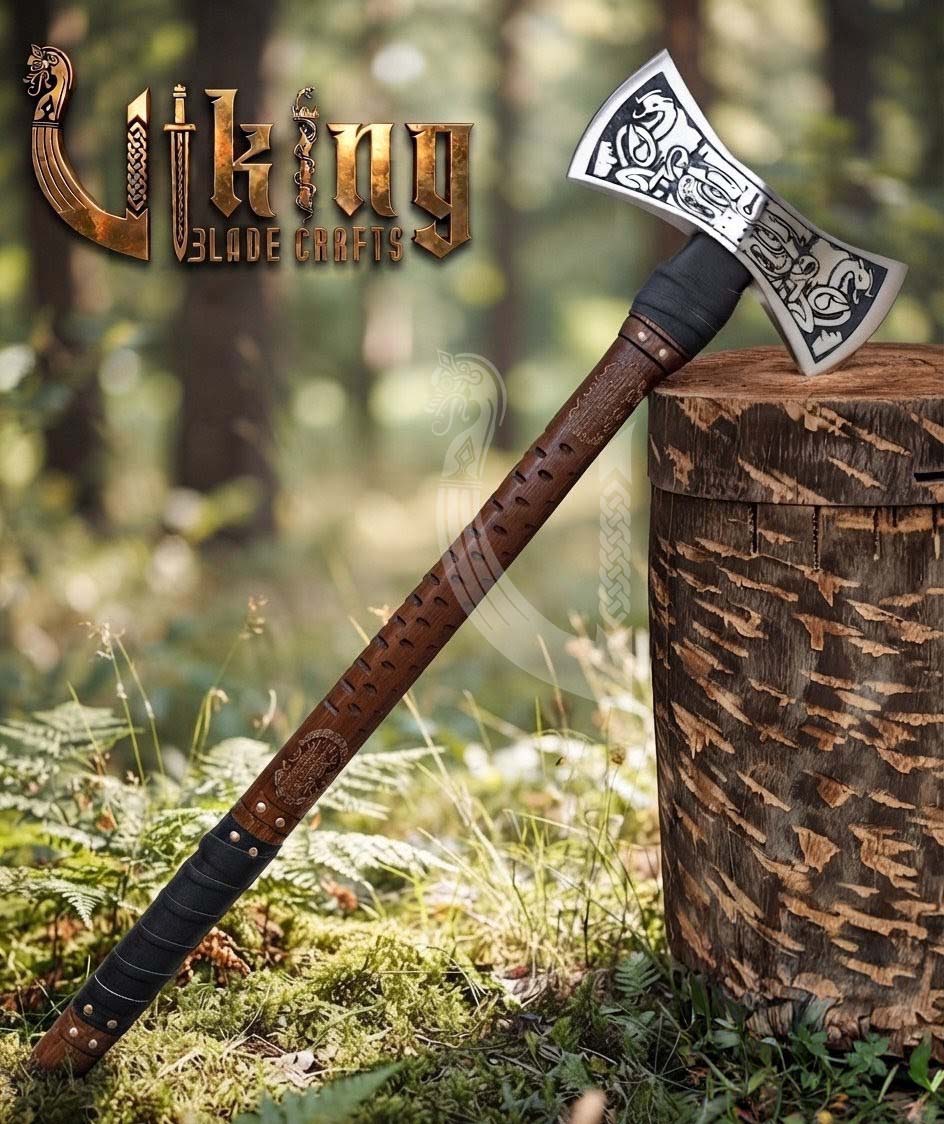 The Helm of Awe 30" Forged Viking Axe & Carved Wooden – Norse Warrior Axe
