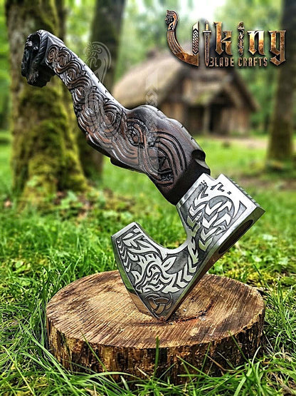 Hand Carved Viking Goat Axe | Geit Handle | Forged Steel
