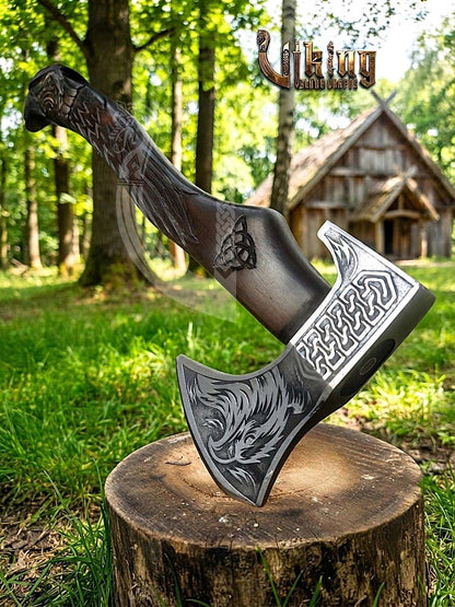 Huginn Muninn Viking Axe | Raven Carved Handle | Forged Steel