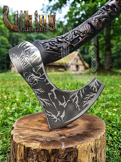 Wildlife Viking Axe | Hand Carved Handle | Forged Steel