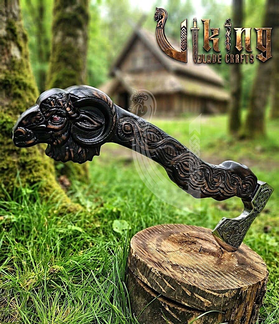 Hand Carved Viking Goat Axe | Geit Handle | Forged Steel