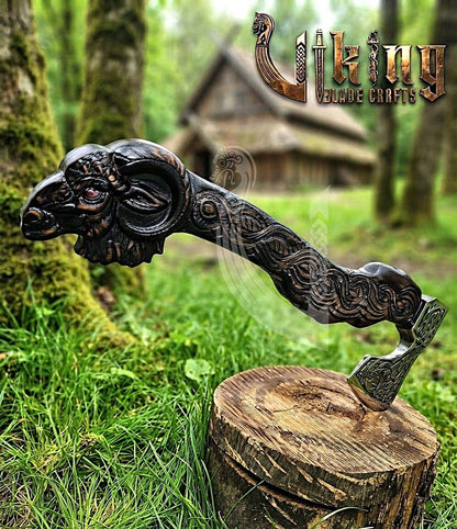 Hand Carved Viking Goat Axe | Geit Handle | Forged Steel
