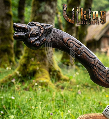Hand Carved Viking Axe | Wolf Head Handle | Forged Steel
