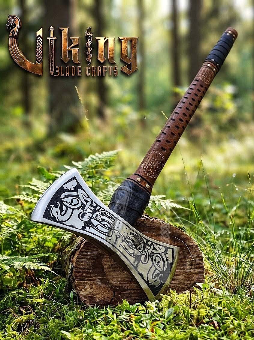The Helm of Awe 30" Forged Viking Axe & Carved Wooden – Norse Warrior Axe
