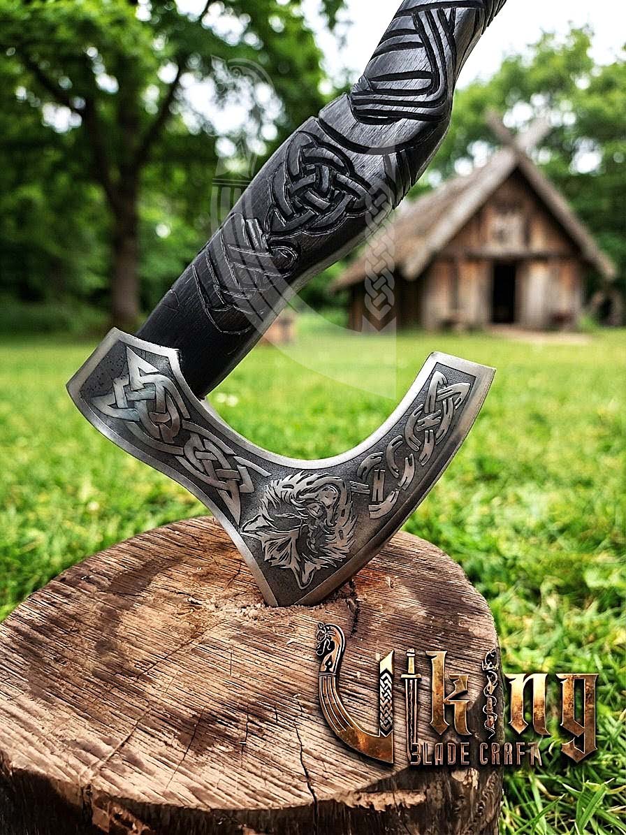 Fenrir Viking Axe | Hand Carved Wolf Handle | Forged Steel