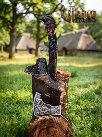 Raven Viking Axe | Hand Carved Handle | Forged Steel Hrafn