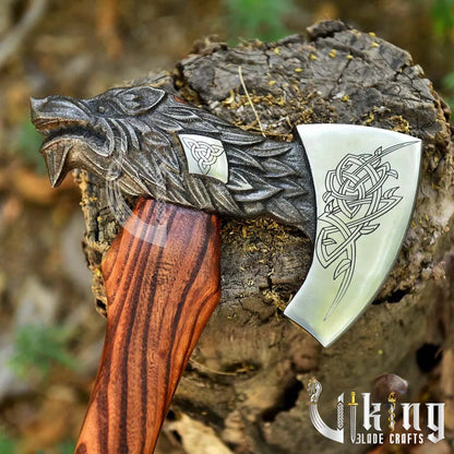 Handmade Viking Wolf Head Axe – High Carbon Steel Blade with Sheath