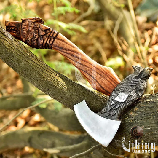 Handmade Viking Wolf Head Axe – High Carbon Steel Blade with Sheath
