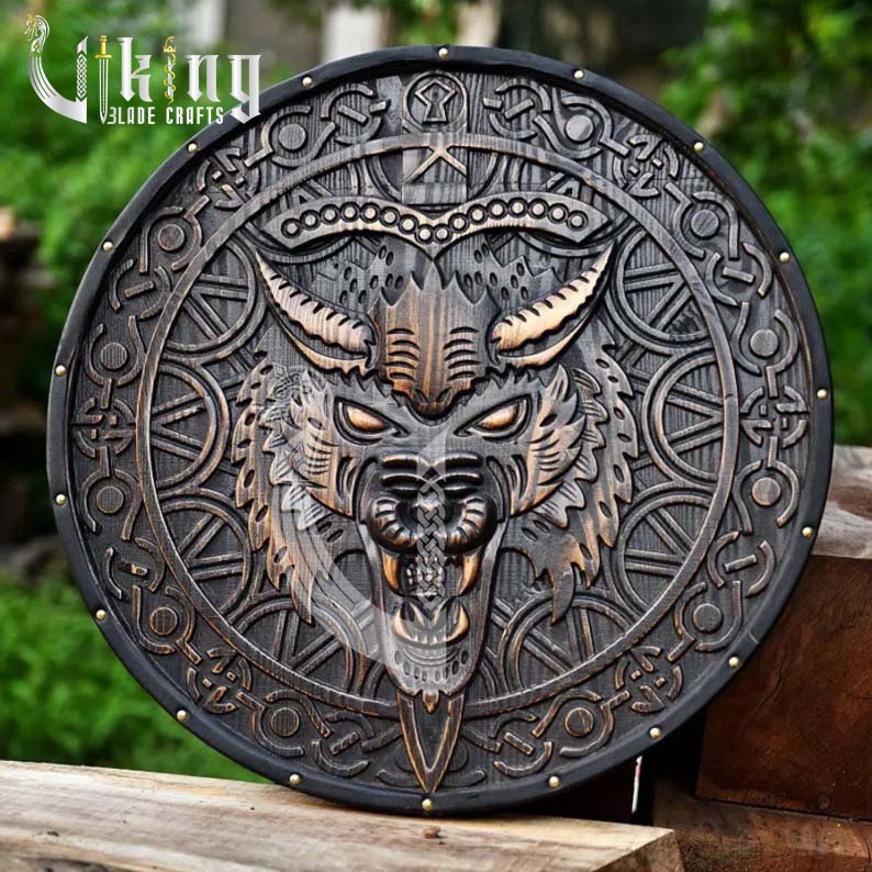 Engraved Norse Wolf Head Axe with Authentic Viking Shield Set
