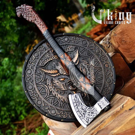 Engraved Norse Wolf Head Axe with Authentic Viking Shield Set