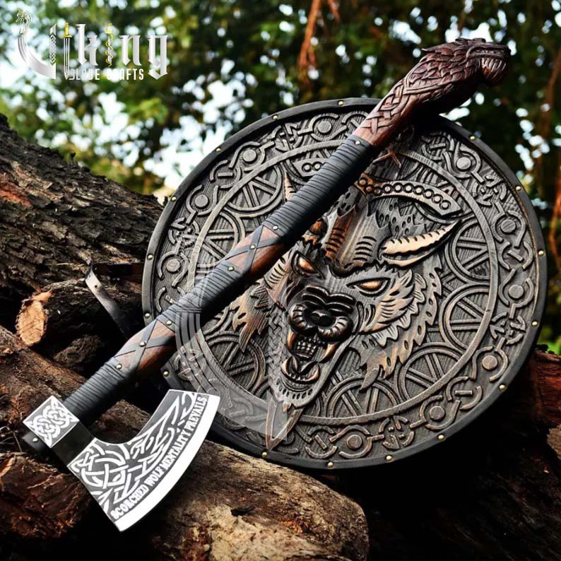 Engraved Norse Wolf Head Axe with Authentic Viking Shield Set