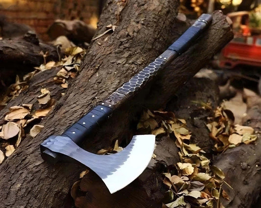 Handmade Vegvisir Viking Splitter Axe – Long Norse Battle Axe with Leather Cover