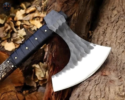 Handmade Vegvisir Viking Splitter Axe – Long Norse Battle Axe with Leather Cover