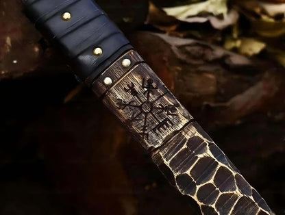 Handmade Vegvisir Viking Splitter Axe – Long Norse Battle Axe with Leather Cover