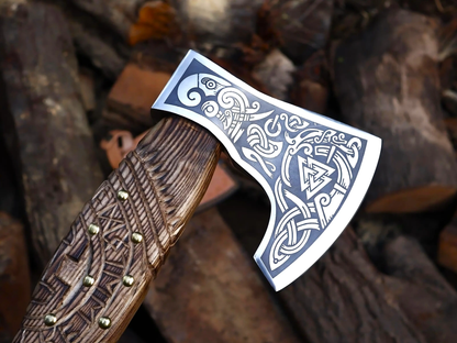 Hand-Carved Handle Viking Axe – Scandinavian Style Norse Battle Axe Viking_Blade_Crafts