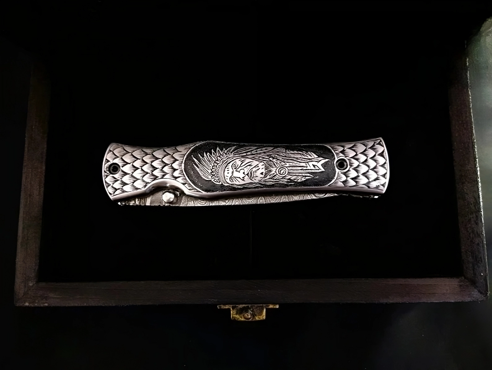 Hand Carved Native American Theme Damascus Steel Folding Pocket Knife - Viking Blade Crafts