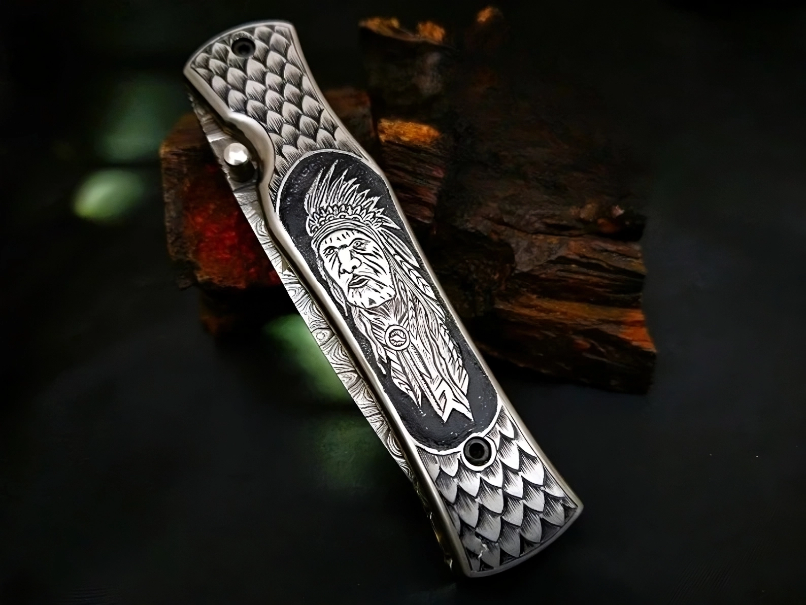 Hand Carved Native American Theme Damascus Steel Folding Pocket Knife - Viking Blade Crafts